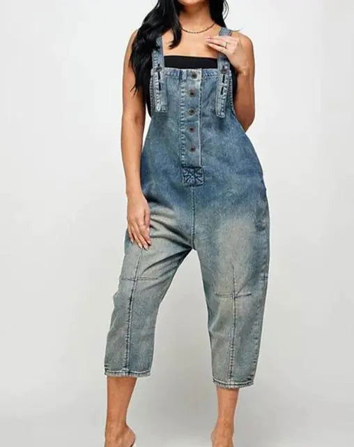 Sleeveless Denim Jumpsuit - Woman`s Clothing