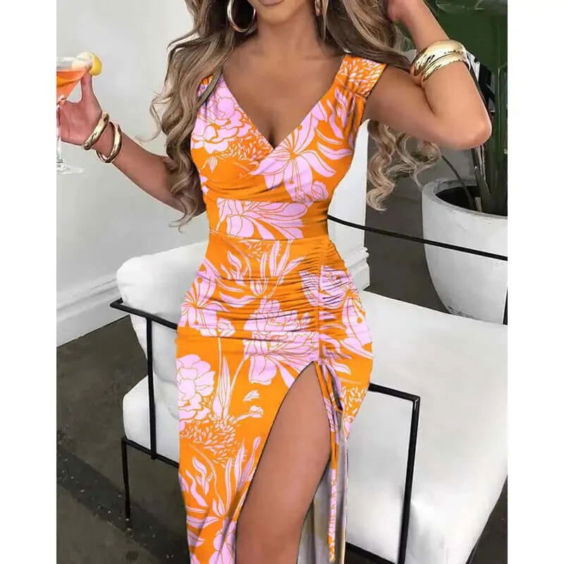 Summer V-Neck Vintage Flower Print Dress - Woman`s Clothing