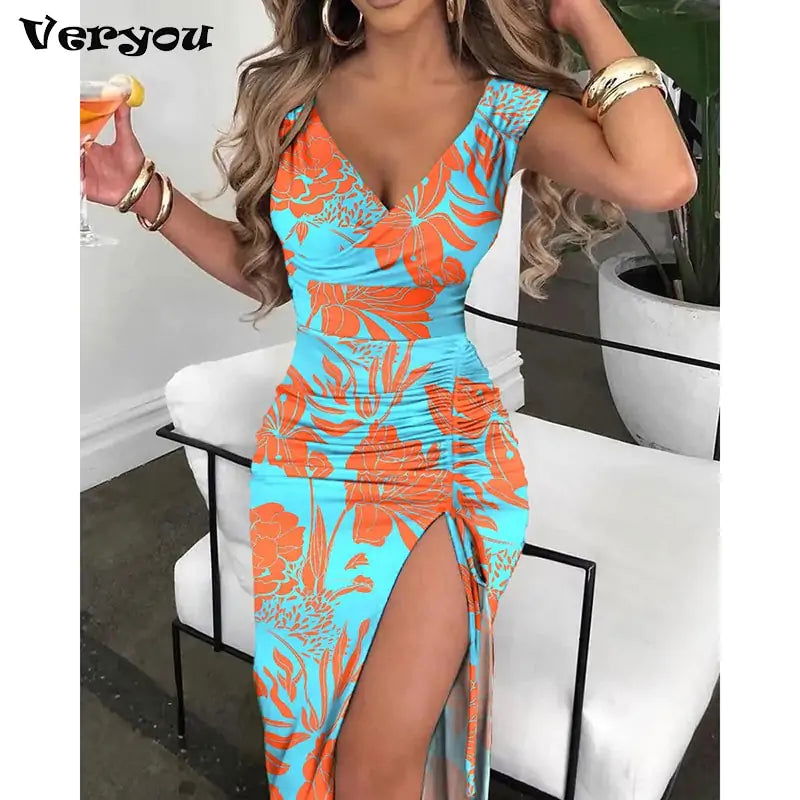 Summer V-Neck Vintage Flower Print Dress - Woman`s Clothing