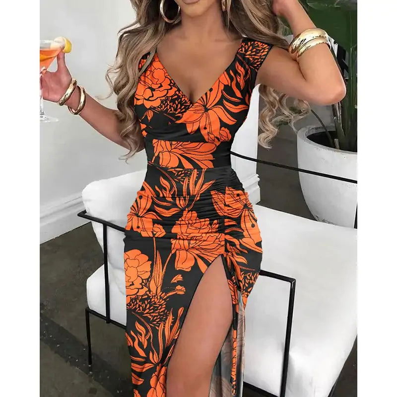 Summer V-Neck Vintage Flower Print Dress - Woman`s Clothing