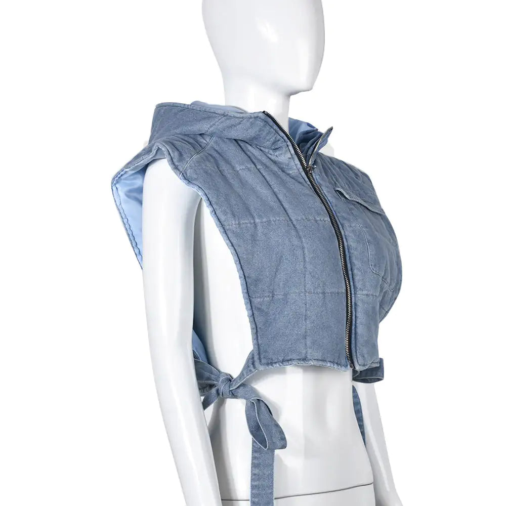 Hooded Denim Vest Jacket - Woman`s Clothing