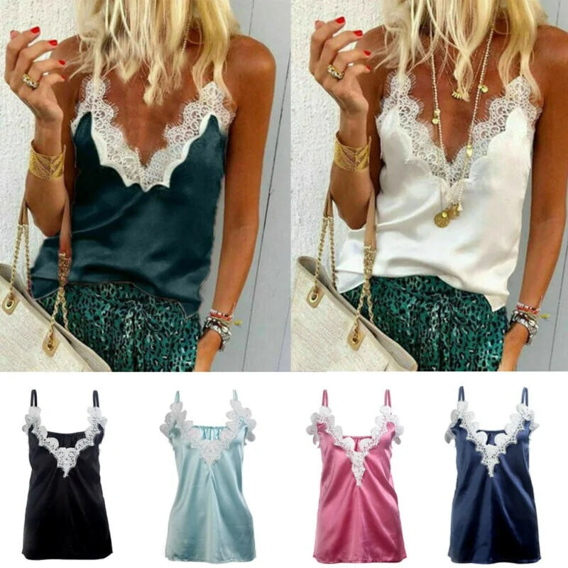 Gothic Lace Satin Silk Sequin Tank Top - Woman`s Clothing