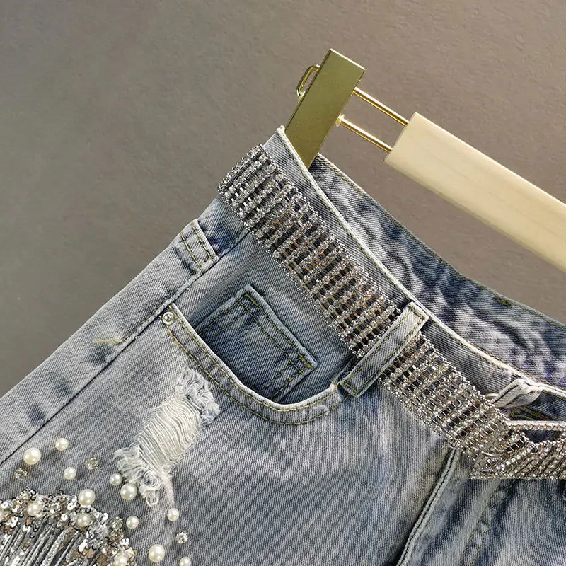 Tassel Beading Denim ShortsTassel Beading Denim