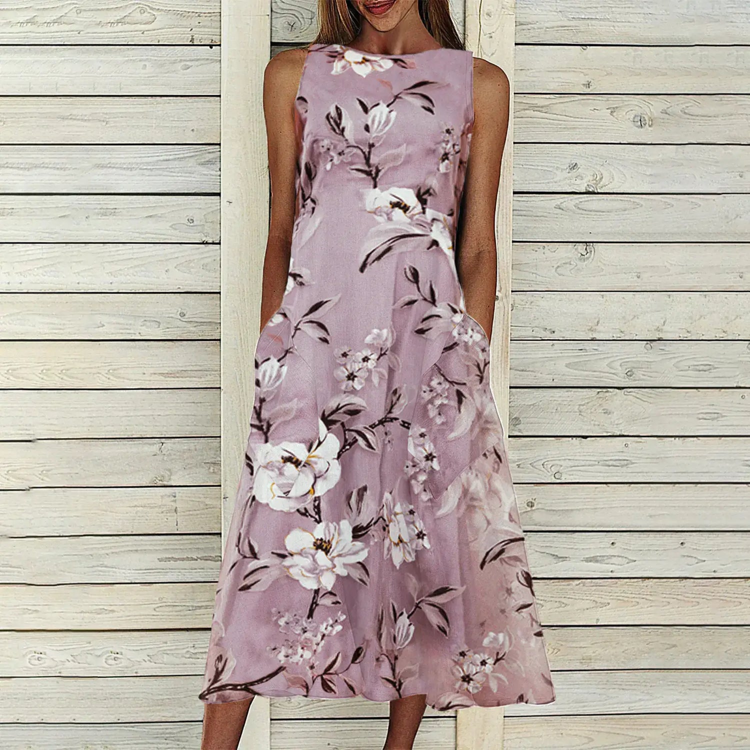 Floral Tunic Round Neck Mid-length A-line Dress
