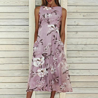 Floral Tunic Round Neck Mid-length A-line Dress