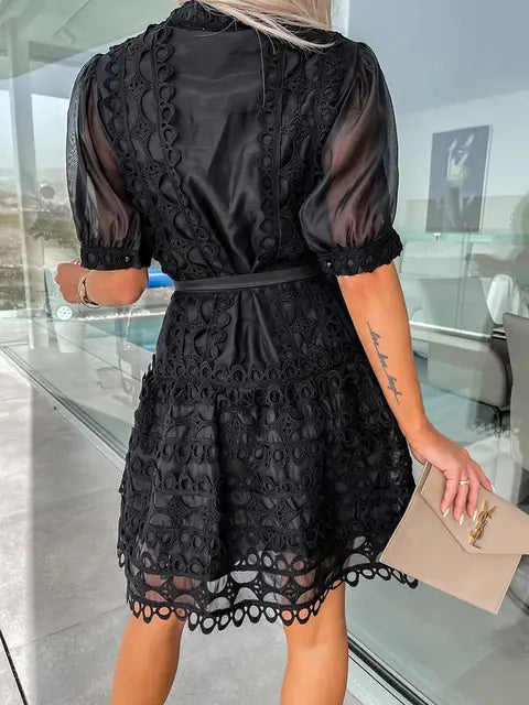 Short Sleeve Patchwork Lace Elegant Mini Dress - Woman`s Clothing