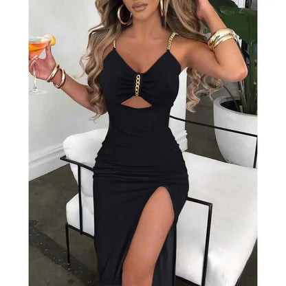 V-Neck Chain Décor High Slit Dress - Woman`s Clothing