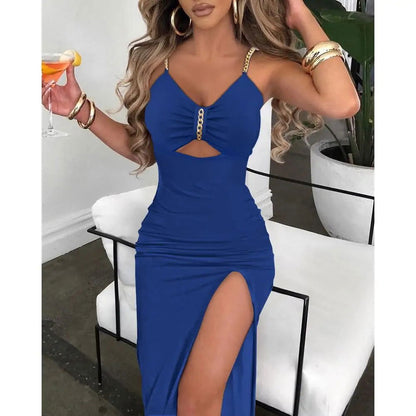 V-Neck Chain Décor High Slit Dress - Woman`s Clothing