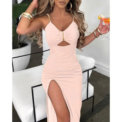 V-Neck Chain Décor High Slit Dress - Woman`s Clothing