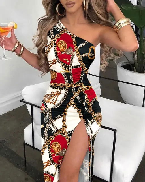 V-Neck Chain Décor High Slit Dress - Woman`s Clothing