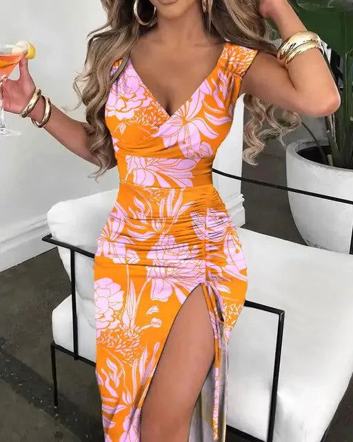 V-Neck Chain Décor High Slit Dress - Woman`s Clothing