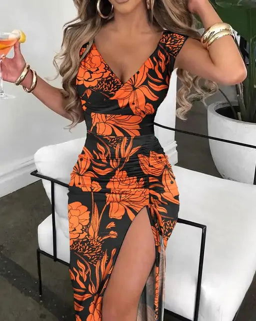 V-Neck Chain Décor High Slit Dress - Woman`s Clothing