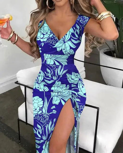 V-Neck Chain Décor High Slit Dress - Woman`s Clothing