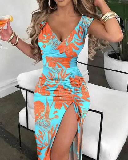 V-Neck Chain Décor High Slit Dress - Woman`s Clothing