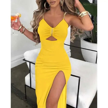 V-Neck Chain Décor High Slit Dress - Woman`s Clothing