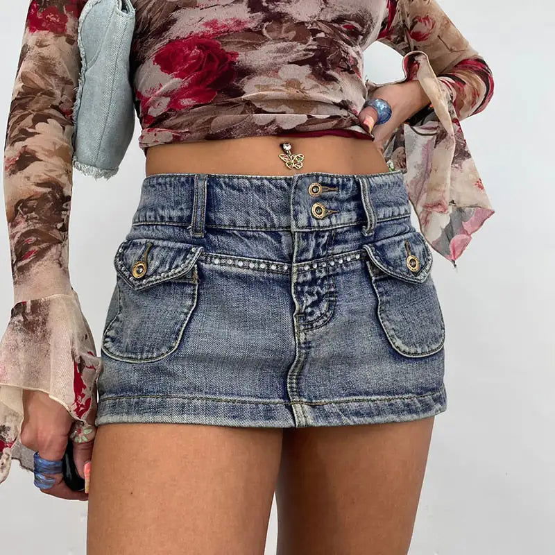 Vintage Diamond Denim Mini Skirt - Woman`s Clothing