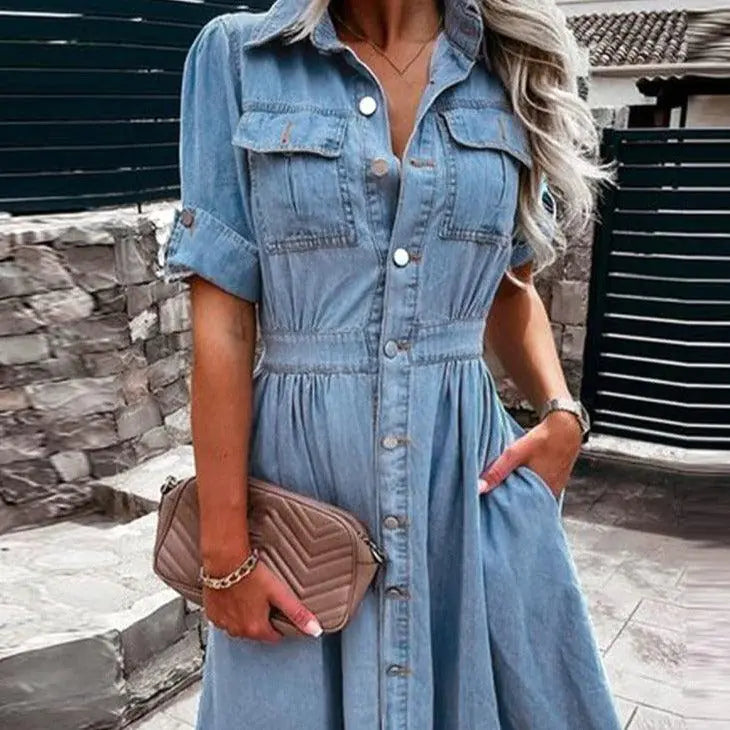 Denim Flip Collar Button Pockets Short Sleeve Woman`s Clothing 49.00