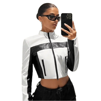 Black And White Contrast Colour Leather Jacket