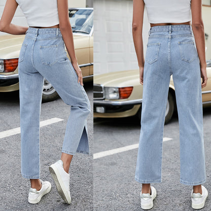 Woman`s Casual Side Slit All-match Jeans