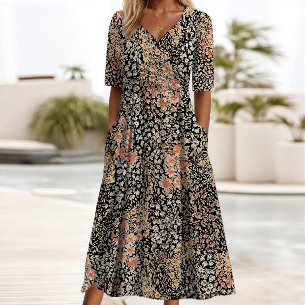 V-neck Short sleeve Belted Maxi Dress With Pockets - Woman`s Clothing