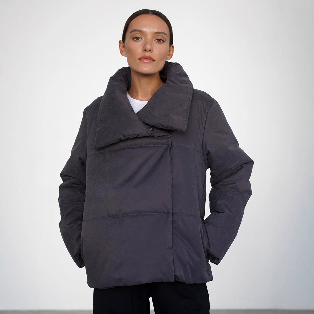 New Asymmetric Hidden Hook Warm Turtleneck Cotton-padded Jacket