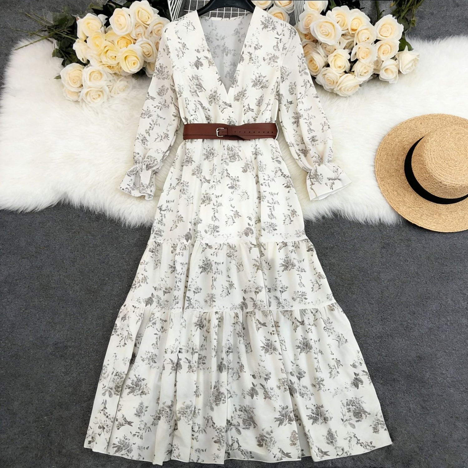 Women`s Printed Floral V-Neck Dress - Woman`s Clothing