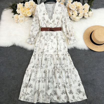Women`s Printed Floral V-Neck Dress - Woman`s Clothing