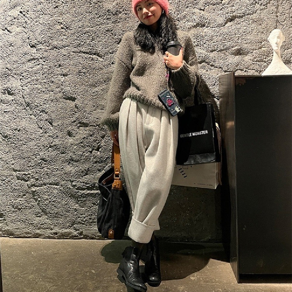 Women Wool Suit Casual Cropped Pants