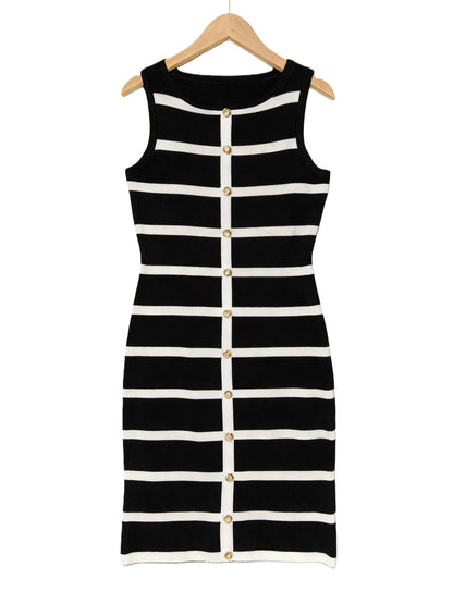 Striped Sleeveless Crewneck Single-breasted Dress - Woman`s Clothing