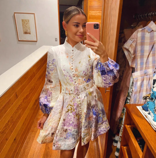 Printed Buttoned Waistband Long-Sleeve Dress - Woman`s Clothing