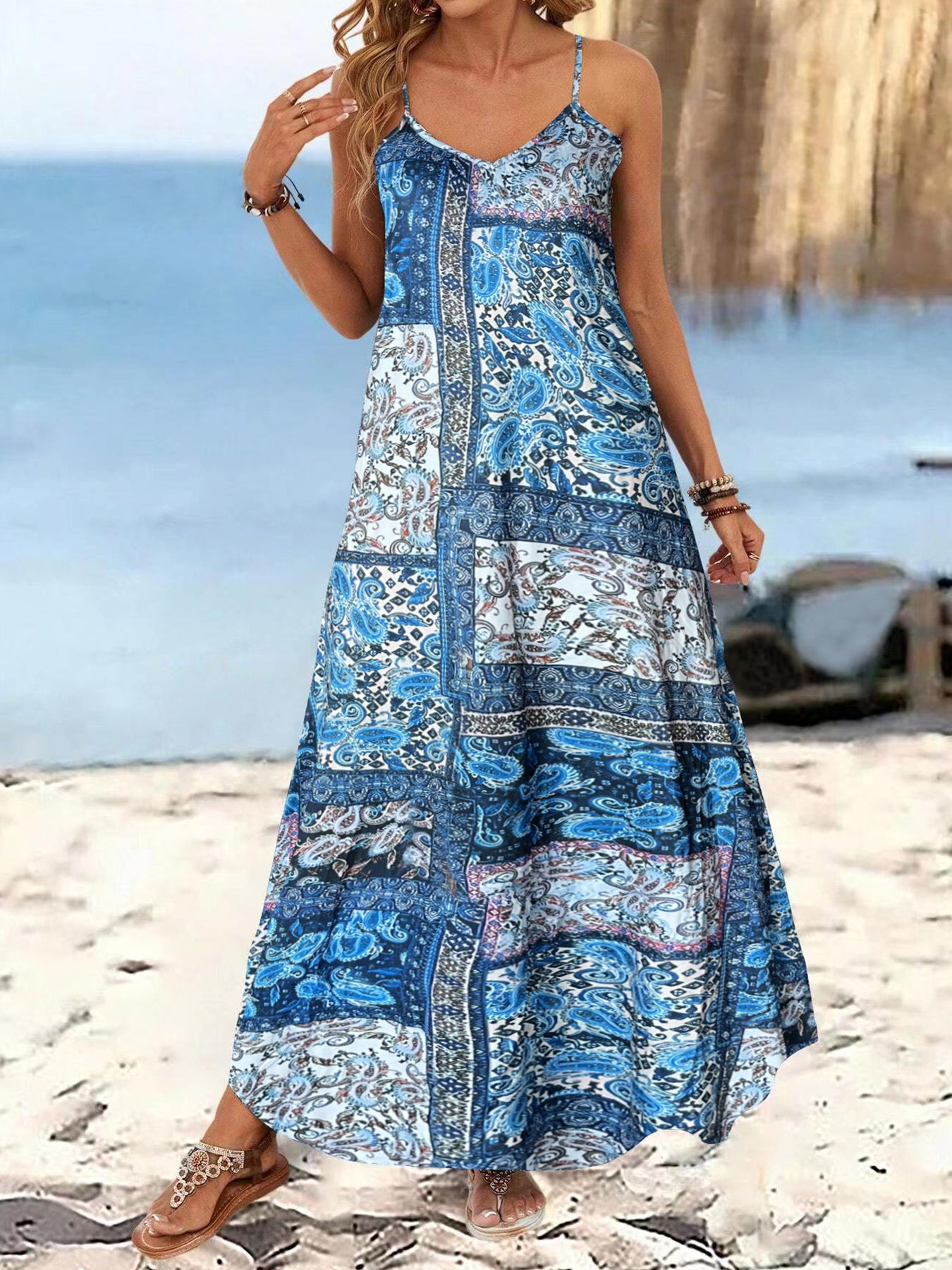 Resort-Style Printed Casual V-Neck Slip Dress With Straps - Woman`s Clothing