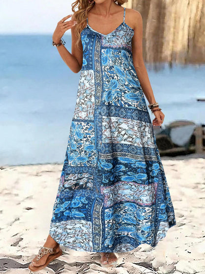 Resort-Style Printed Casual V-Neck Slip Dress With Straps - Woman`s Clothing