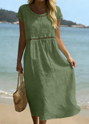 Elegant Round Neck Cotton Dress With Embroidered Lace Trim