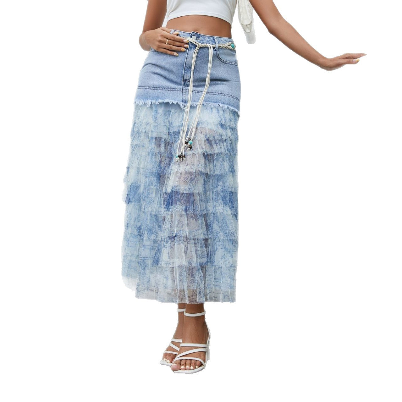 Mesh Floral Stitching Denim Skirt