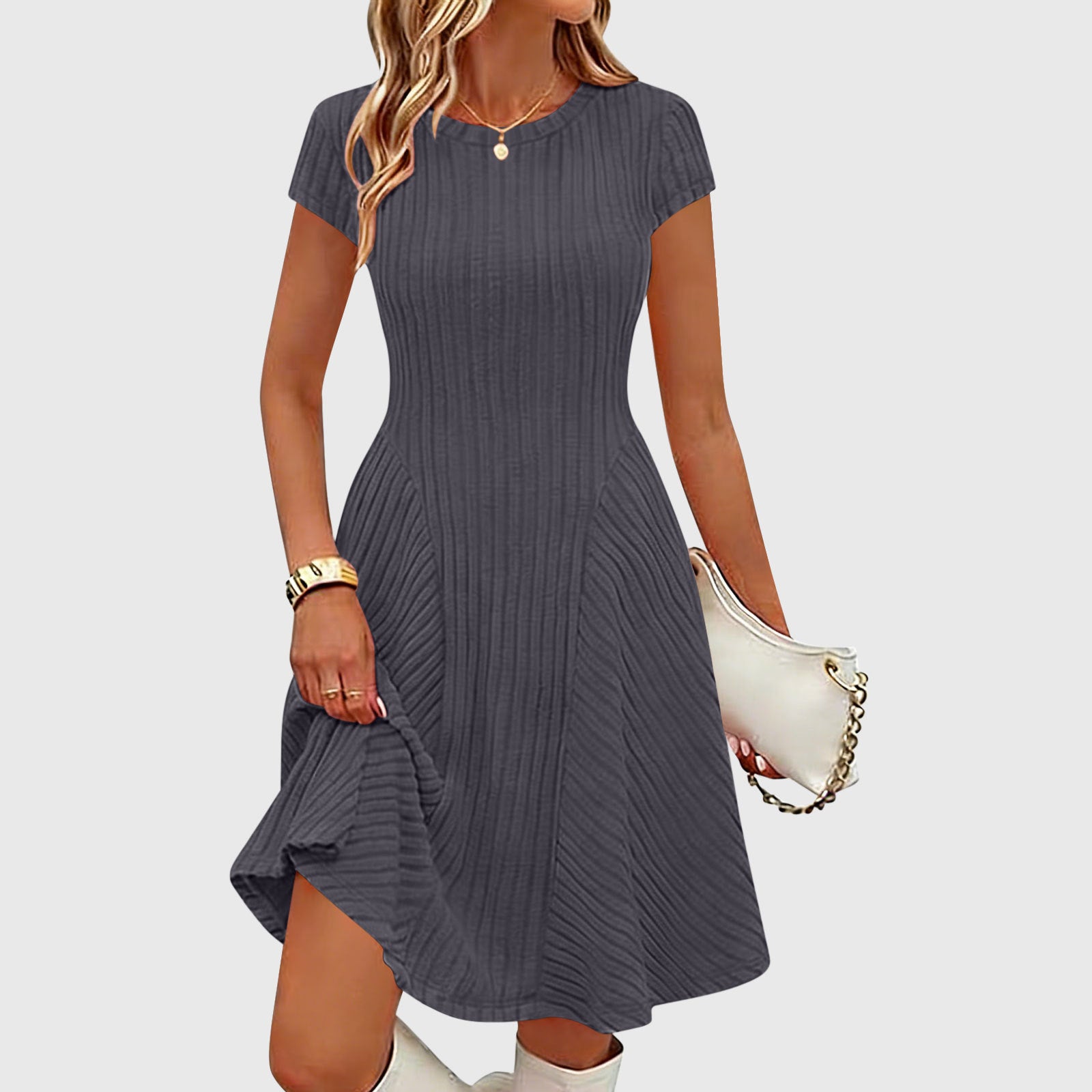 Irregularly Brushed Ribbed Solid Color Dress - Woman`s Clothing