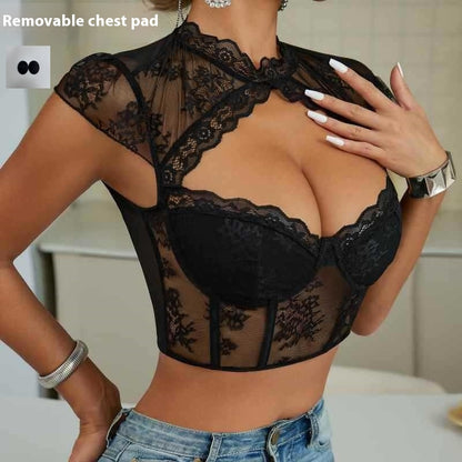 European And American Style Lace Diamond Sexy Cutout Steel Ring Fishbone Slim Fit Crop-top Short Top - Woman`s Clothing