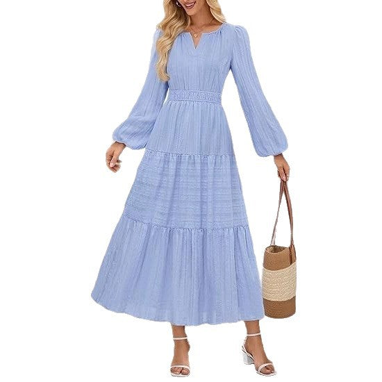 Layered Puffed-sleeve Dress Fashionable Ruffled Maxi Skirt - Woman`s Clothing