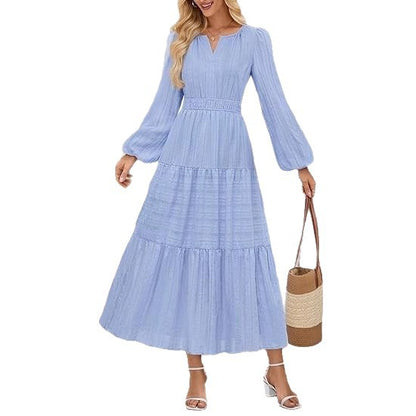 Layered Puffed-sleeve Dress Fashionable Ruffled Maxi Skirt - Woman`s Clothing