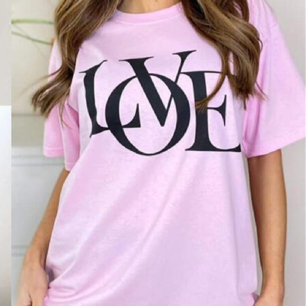 Digital Printing Casual Round Neck Oversized Love T-shirt - Woman`s Clothing