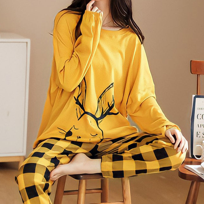 Women Cute Cartoon Print Sleepwear 2 Piece Lounge Set