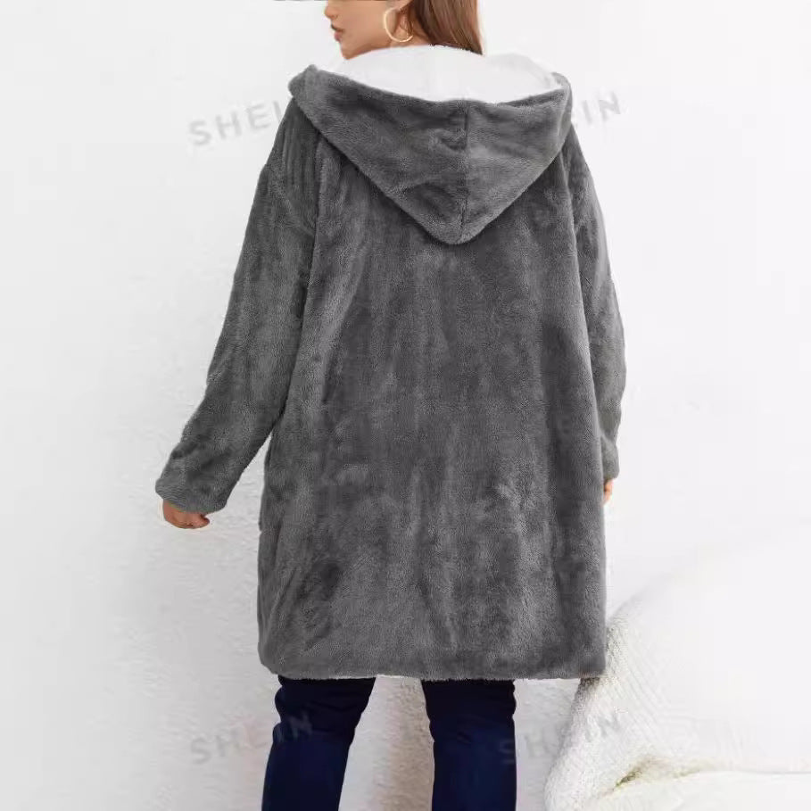 Cardigan Lazy Hooded Long Sleeve Plush Coat
