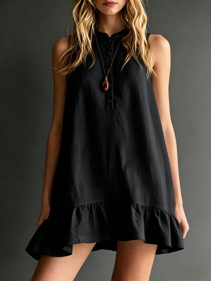 Cotton Solid Colour Stand Collar Sleeveless Ruffle Trim Dress - Woman`s Clothing