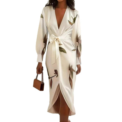 V-neck Long-sleeve Lace-up Printed Maxi Dress - Woman`s Clothing