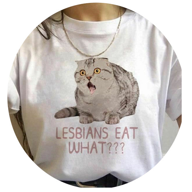 Printed Cat Short-sleeved Women`s T-shirt - Woman`s Clothing