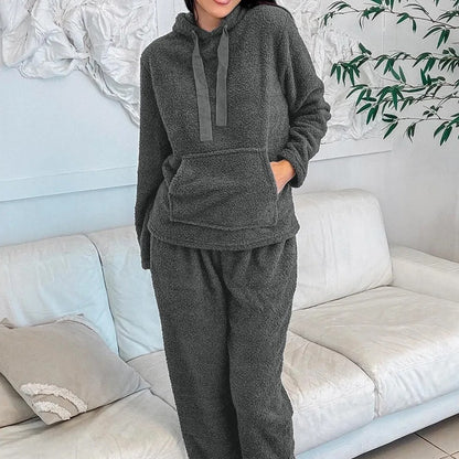 Grey Fuzzy Drawstring Hoodie Lounge Pants 2pcs Set