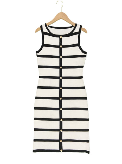 Striped Sleeveless Crewneck Single-breasted Dress - Woman`s Clothing