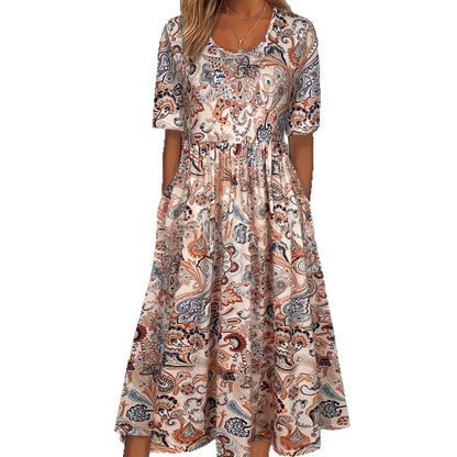 V-neck Short sleeve Belted Maxi Dress With Pockets - Woman`s Clothing