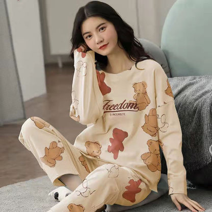 Women Cute Cartoon Print Sleepwear 2 Piece Lounge Set