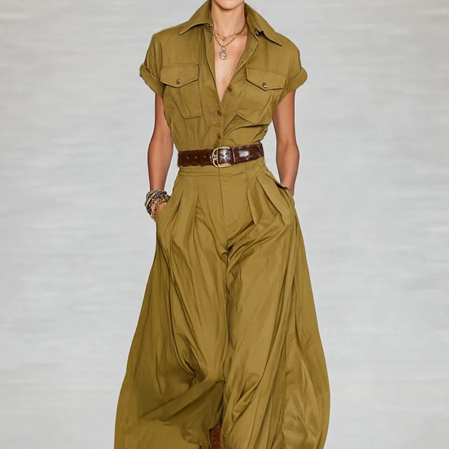 Short Sleeve Shirt Style Long Dress With Pockets - Woman`s Clothing