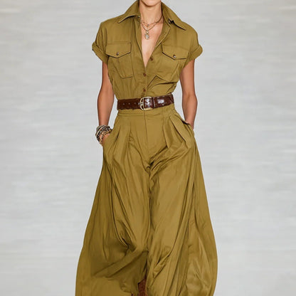 Short Sleeve Shirt Style Long Dress With Pockets - Woman`s Clothing